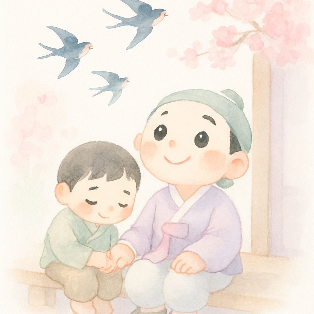 놀부가 흥부에게 사과하고 두 형제가 화해하여 함께 제비를 바라보는 따뜻한 결말 장면